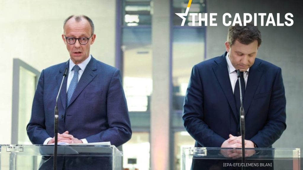 El líder de la (CDU), Friedrich Merz (izq) junto al copresidente del Partido Socialdemócrata (SPD), Lars Klingbeil.